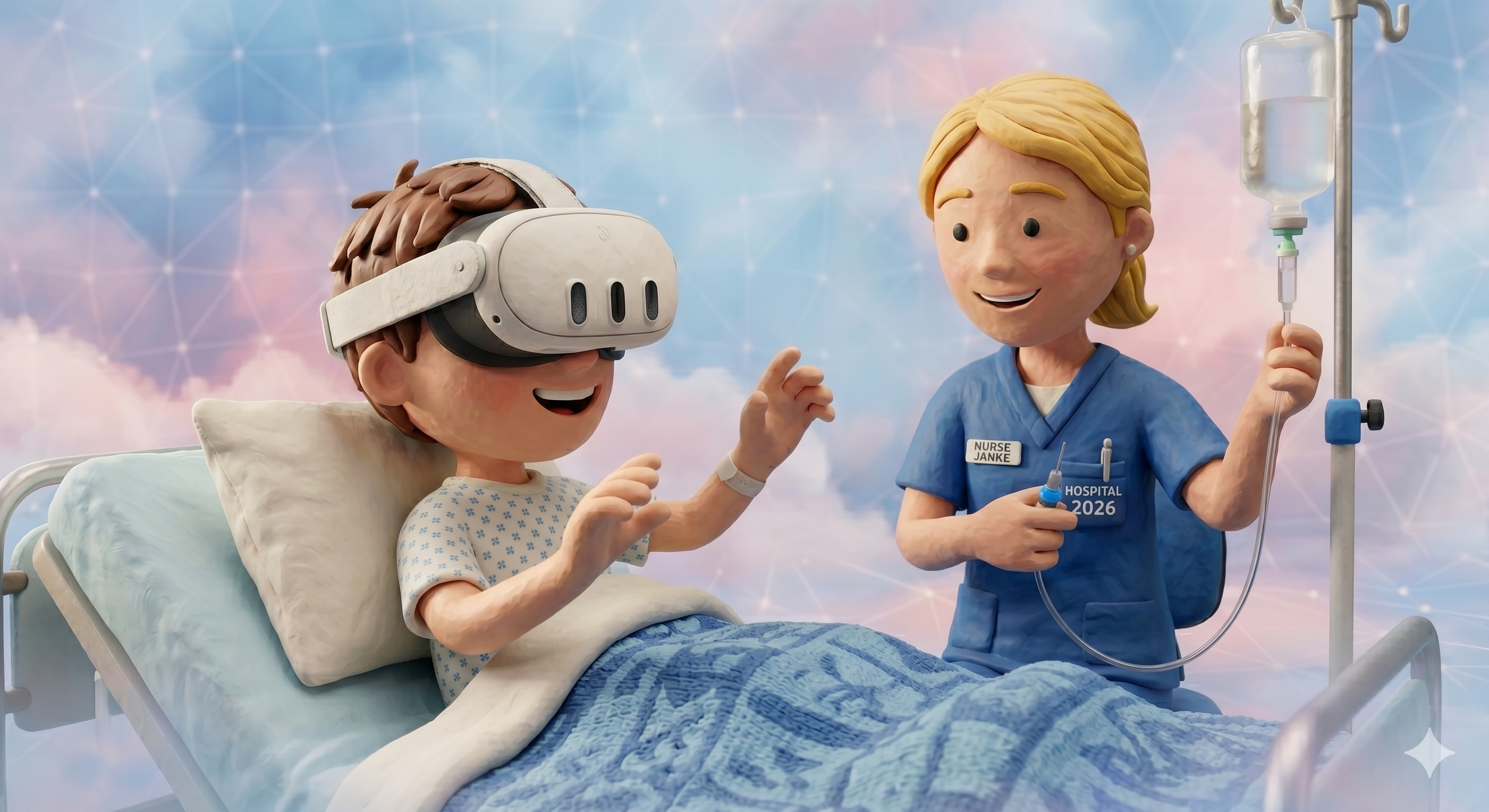 Billede af et smilende barn med et Quest 3 headset på en hospitalsstue eller i en tandlægestol